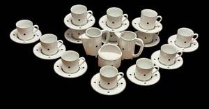 lot 94 image: K - Vintage Swid Powell Tuxedo Demitasse Set with 13 Cups, Saucers, Creamers, and Sugar