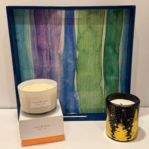 lot 117 image: LR - Isaac Mizrahi Ginger Candle, DW Home Winter Pine Candle, and Decorative Tray Set