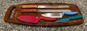 lot 128 image: K - Tojiro and Kuhn Rikon Knife Set with Wooden Cutting Board
