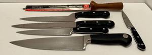lot 140 image: K - Set of 4 Wusthof Dreizack Kitchen Knives and Sharpening Steel