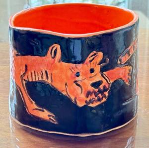 lot 163 image: LR - Handmade Ceramic Vessel by John Neuse Tiger Motif
