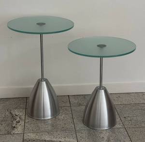 lot 184 image: MBR - Pair of Metaform Jongleur Glass and Stainless Steel Side Tables