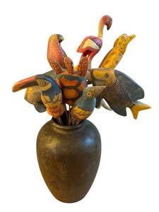 lot 192 image: UL - Metal Vase with Set of 8 Hand-Carved Wooden Animal and Bird Picks