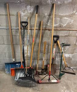 lot 240 image: G - Collection of Assorted Yard and Garden Tools with Shovels, Rake, Sledgehammer, and Weeder