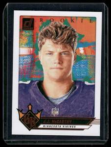 lot 92 image: J.J. McCarthy RC   2024 Donruss Gridiron Kings #5 Minnesota Vikings Football Card
