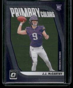 lot 94 image: J.J. McCarthy RC   2024 Donruss Optic Rookie Primary Colors #20 Minnesota Vikings Football Card