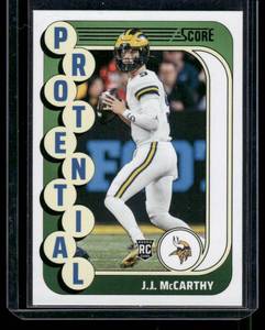 lot 100 image: J.J. McCarthy RC   2024 Score Protential #10 Minnesota Vikings Football Card