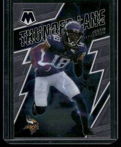 lot 83A image: Justin Jefferson    2022 Panini Mosaic Thunder Lane Green #TL-10 Minnesota Vikings Football Card