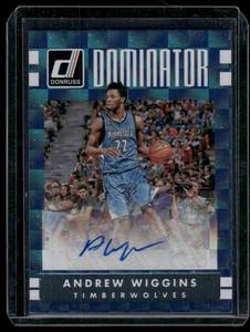lot 8A image: Andrew Wiggins Auto    2016 Donruss Dominator Blue Checker #125 Minnesota Timberwolves Basketball Card