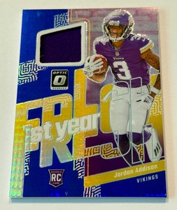 lot 25A image: Jordan Addison Relic RC 2023 Donruss Optic 1st Year Fresh #FYF-JA Rookie Minnesota Vikinga Football Card