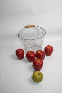 lot 14 image: Glass Basket with Wooden Handle and 6 Decorative Apples