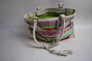 lot 17 image: Coach Striped Tote Bag with Leather Accents and Charm