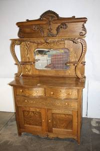 lot 38 image: Antique Wooden Sideboard with Carved Details and Mirror