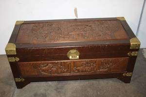 lot 44 image: Antique Carved Wooden Storage Chest with Brass Accents