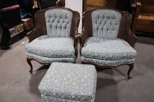 lot 68 image: Set of 2 Vintage Cane Back Accent Chairs with Ottoman
