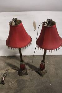 lot 70 image: Pair of Vintage Red Table Lamps with Beaded Trim Shades