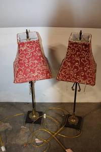 lot 75 image: Pair of Vintage Red Fabric Lamps with Gold Accent and Crystal Drops