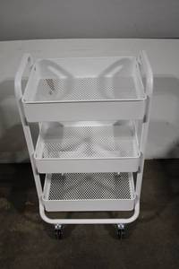 lot 76 image: Rolling White Metal 3-Tier Utility Cart