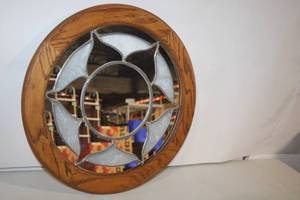 lot 88 image: Round Stained Glass and Wood Framed Mirror