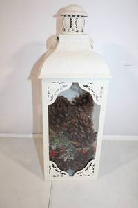 lot 104 image: Decorative White Lantern with Pine Cones and Berry Accents