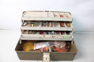 lot 125 image: Vintage Fishing Tackle Box with Assorted Lures and Accessories