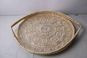 lot 134 image: Vintage Wicker and Glass Serving Tray with Decorative Design