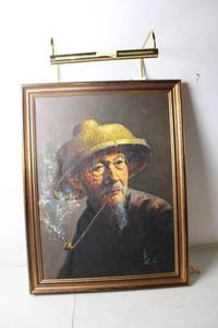 lot 143 image: Vintage Framed Painting of a Man with a Hat and Pipe