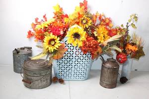 lot 184 image: Rustic Autumn Floral Arrangement with Vintage Metal Containers