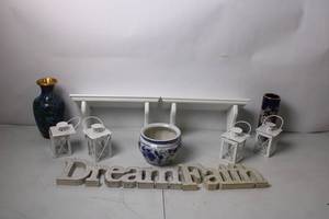 lot 187 image: Decorative Set Porcelain Vases, White Lanterns, and Dream Faith Concrete Sign