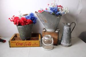 lot 195 image: Vintage Rustic Decorative Set with Coca-Cola Crate and Metal Pitcher