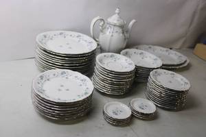 lot 202 image: Vintage Blue Floral China Flatware Set with Serving Pieces