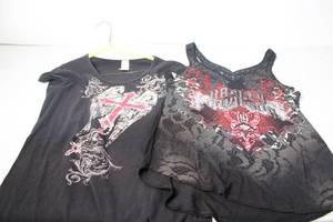 lot 216 image: Set of 2 Womens Graphic Tees - Cross Heart Design and Harley Davidson Theme