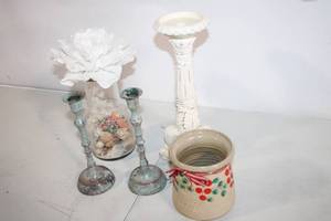 lot 273 image: Decorative Lot Vintage Candlesticks, Floral Vase, Ceramic Jar, and Candle Holder