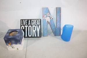 lot 275 image: Decorative Set Snowman Tissue Box, Inspirational Sign, Rustic Letter N, Blue Tumbler