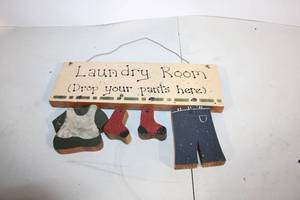 lot 289 image: Decorative Wooden Laundry Room Sign with Clothes Hanger Accents