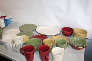 lot 294 image: Colorful Stoneware Dinnerware Set - 25 Pieces, Mixed Bowls, Cups, and Plates