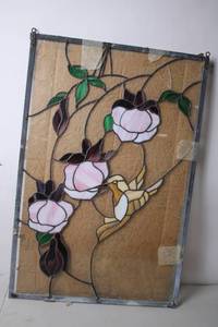 lot A-254 image: Stained Glass Panel with Hummingbird and Floral Design - 20x30 Inches