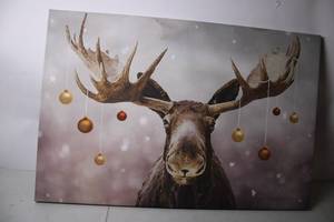 lot 255 image: Moose Canvas Art with Festive Ornament Design - 24 x 36