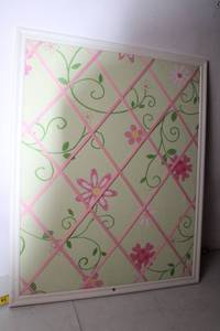 lot 256 image: Large Pink and Green Floral Corkboard with White Frame
