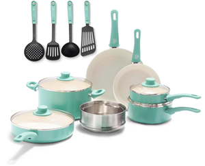 lot 59 image: 15PCS GreenLife Soft Grip Healthy Ceramic Nonstick, Cookware Pots and Pans Set