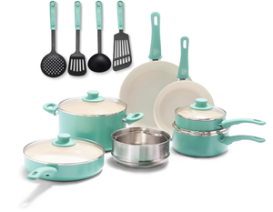 lot 60 image: 15PCS GreenLife Soft Grip Healthy Ceramic Nonstick, Cookware Pots and Pans Set