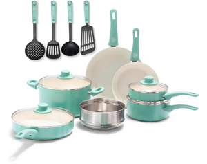 lot 354 image: 15PCS GreenLife Soft Grip Healthy Ceramic Nonstick, Cookware Pots and Pans Set