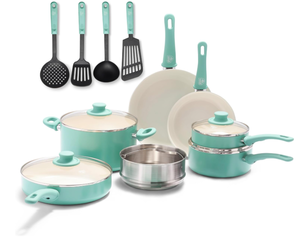 lot 355 image: 15PCS GreenLife Soft Grip Healthy Ceramic Nonstick, Cookware Pots and Pans Set
