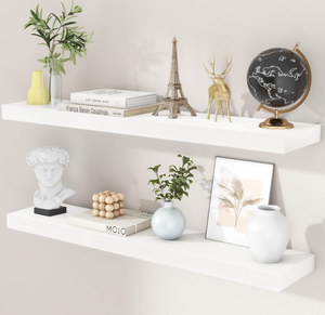 lot 376 image: 2PCS Fuqing 36 Inch White Floating Shelves for Wall, Solid Wood White Floating Shelves Set
