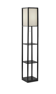lot 289 image: Mainstays 62 Plastic Black Shelf Floor Lamp, Sustainable White Fabric Shade ,Modern Design, New Condition, Adult and Dorm Room Use