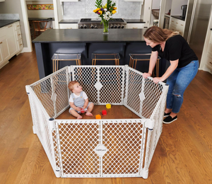 lot 226 image: Toddleroo by North States Superyard 6 Panel Free Standing Play Yard, Indoor or Outdoor Baby Playpen, Baby Gate. Made in USA. 5.5 feet Corner to Corner Play Pen (26 Tall, Pewter)