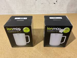 lot 272 image: LOT OF 2 IonMug Coffee Mug & Charging Coffee Mug Warmer Coaster, 12oz. Stainless Steel Coffee Mug with Lid, 3.5 x 3.5 x 5