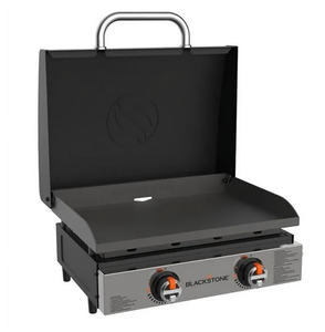 lot 10 image: Blackstone 2-Burner 22 Tabletop Griddle with Hood & Blackstone Griddle Leg Kit with Adjustable Legs and Base