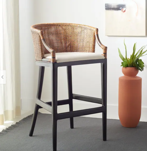 lot 11 image: SAFAVIEH Brando Solid Wood Rattan 30-inch Seat Height Bar Stool- 22.3 W x 20.5 L x 39 H - Natural WashBlack