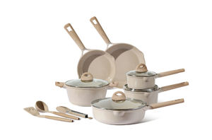 lot 23 image: Carote Ceramic Pans and Pots Set, 13 Piece Industion Kitchen Non-Stick Cookware Sets Taupe